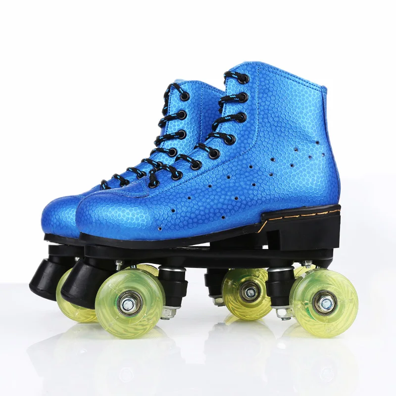 

Unisex Double Line Adult Cowhide Leather Quad Parallel Skates Shoes Boots PU Wheels Shockproof With Brake Breathable Blue