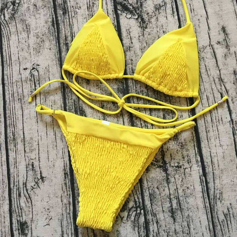 Sexy Bikinis Women Thong Swimwear 2018 Push Up Bikini Set Yellow Low Waist Swimsuit Triangle 