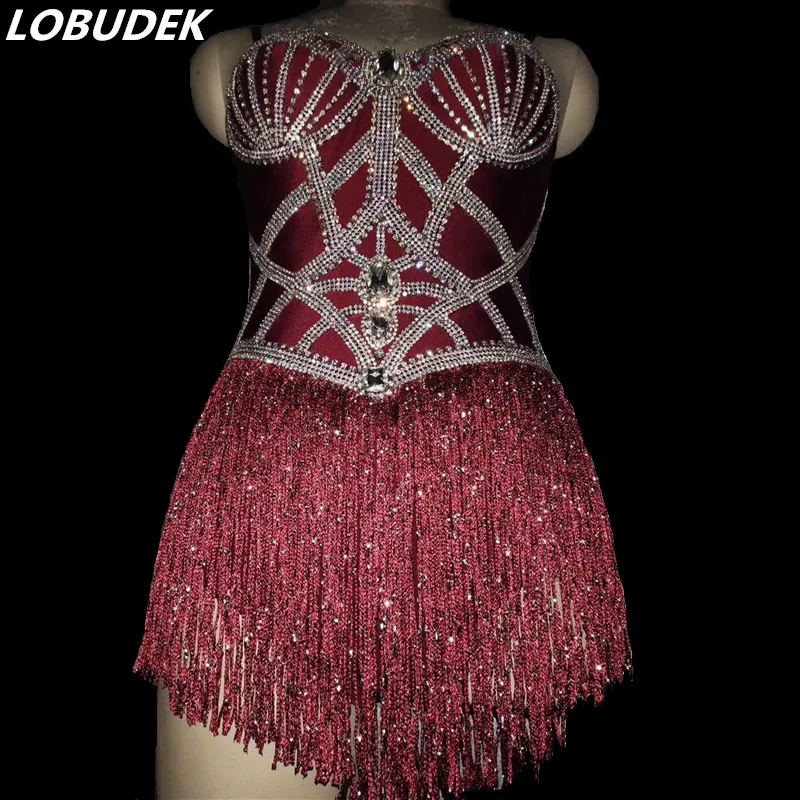 

Wine Red Tassels Rhinestones Bodysuit Women Stage Wear Jazz Dance Team Dance Outfit Club Bar DJ Singer Sexy Performance Costume