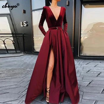 

Slit Evening Dresses Burgundy 2019 Deep-V neck Velvet Satin With Pocket Islamic Dubai Saudi Arabic Long Evening Gown Prom Dress