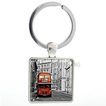 

Vintage Bus square pendant keychain UK Double Decker Bus London England men women key chain ring holder new fashion jewelry AA02