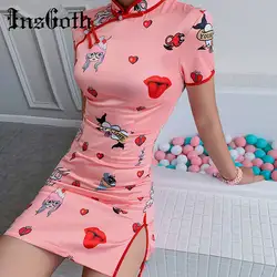 Женские обтягивающие розовые забавные платья китайский стиль Чонсам мультфильм печатных мини вечерние женские платья уличная тонкая