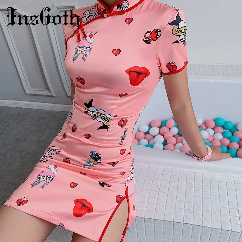 

Women Skinny Pink Funny Dresses Chinese Cheongsam Style Cartoon Printed Mini Party Female Dress Streetwear Slim Girl Sexy Dress