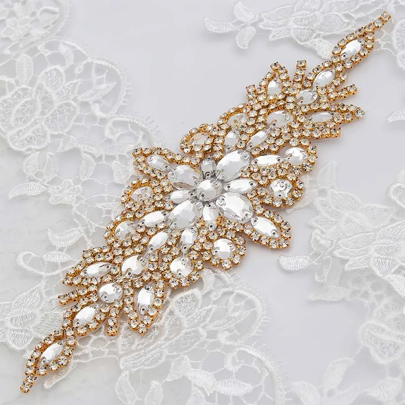 

WENXI 1PCS Hand Rhinestones Appliques Rose Gold Sew On Silk With Beads Sewing for Wedding Party Dress Waistband Accessory WX855