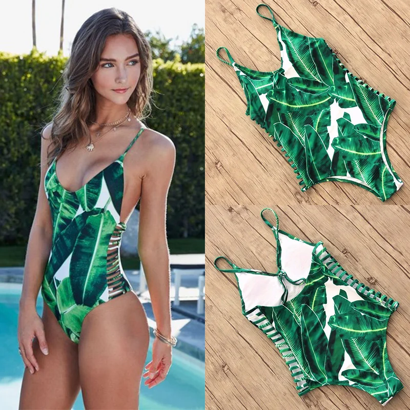 

2019 New Sexy One Piece Swimsuit Women Swimwear Green Leaf Bodysuit Bandage Cut Out Beach Bathing Suit Monokini Swimsuit XLspa