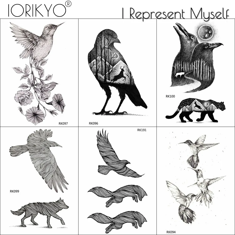 Мужская временная татуировка IORIKYO черная Колибри тату наклейки для женщин