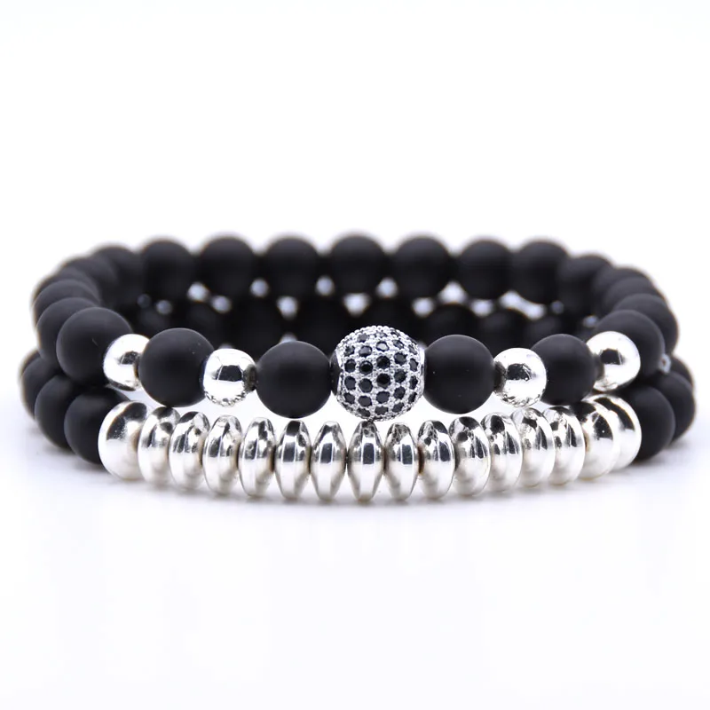 NCRORCN 2pc/set Micro Pave CZ 10mm Disco Ball Charms Bracelets for women 8mm Matte beads stone Bracelet men jewelry bileklik - Окраска металла: sliver