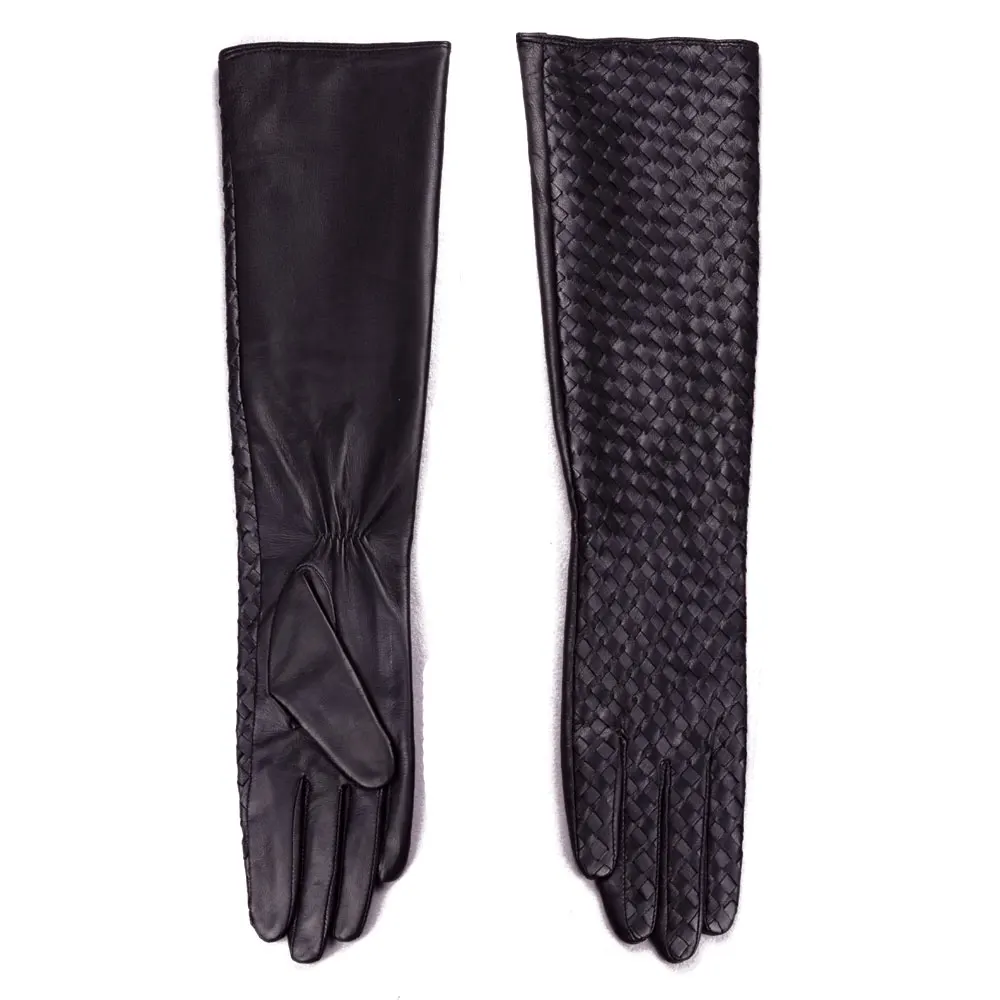 new-women's-ladies-genuine-leather-woven-design-lambskin-black-party-evening-long-gloves