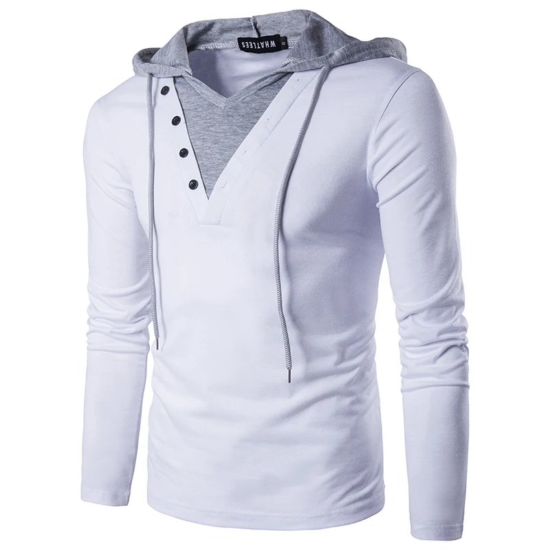 

New Arrivals Men's casual T-Shirt Fashion Hooded Sling Long-Sleeved Tees V-collar Male Fake two pieces t-shirt Slim Europe size