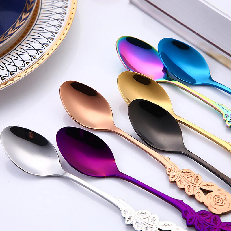 

Long Handle Plated Rose Coffee Spoon Set Dessert Spoon Stainless Steel Tableware Sugar/Stir/Bar/Mixing/Ice Cream Spoon Fancy