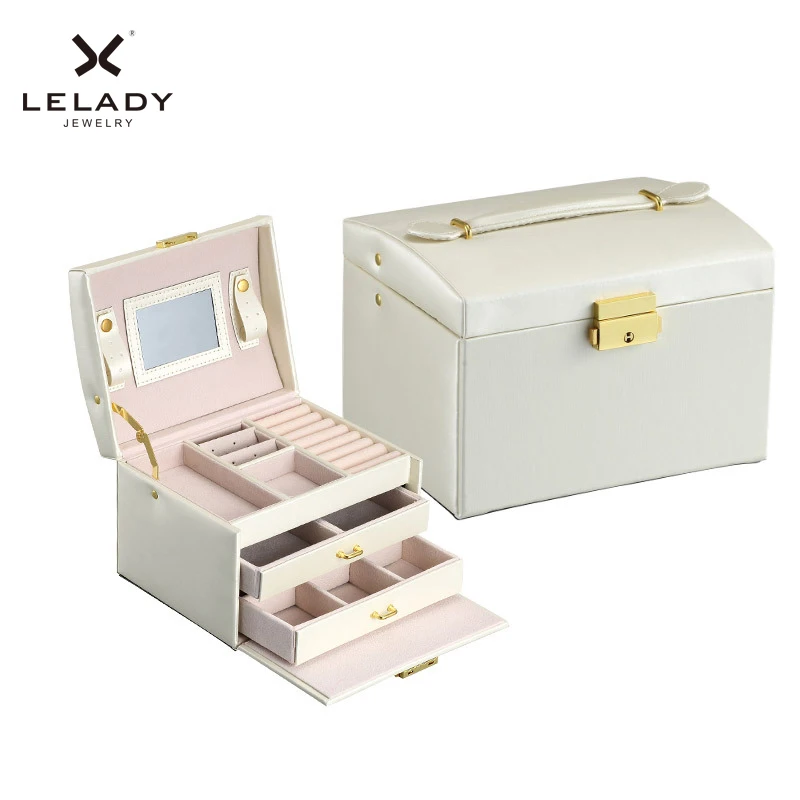 Big Jewelry Box Multifunction Three Layers Large Capacity Leather Storage Jewelry Box with Mirror Watch Jewelry Organizer Box