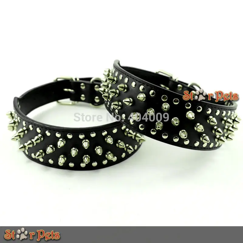 

Min: 3pcs: Mix 7 Colors 2" Wide XS/S/L/XL/XXL Full Sizes Spiked Studded Leather Collars for Pit Bull Dog Boxer German Shepherd