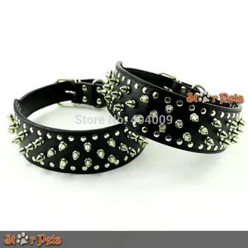 

Min: 3pcs: Mix 7 Colors 2" Wide XS/S/L/XL/XXL Full Sizes Spiked Studded Leather Collars for Pit Bull Dog Boxer German Shepherd