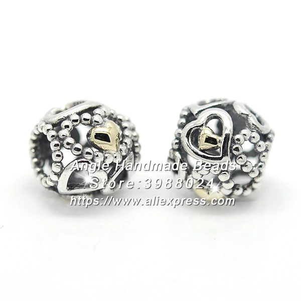 

2015 Valentine's Day S925 Sterling Silver Beads Openwork Hearts With Golden Charms Fit European DIY Bracelets Necklace JK024
