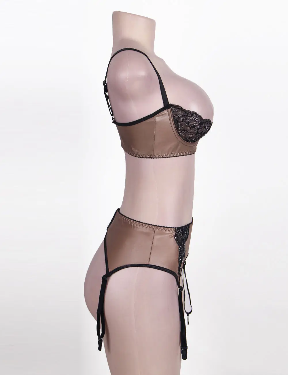 Faux Leather Wetlook Mesh Floral Lace Open Cup Wire Bralette Bra Top Garter Belt Skirt Thong Fetish 3 Pcs Lingerie Set Plus Size