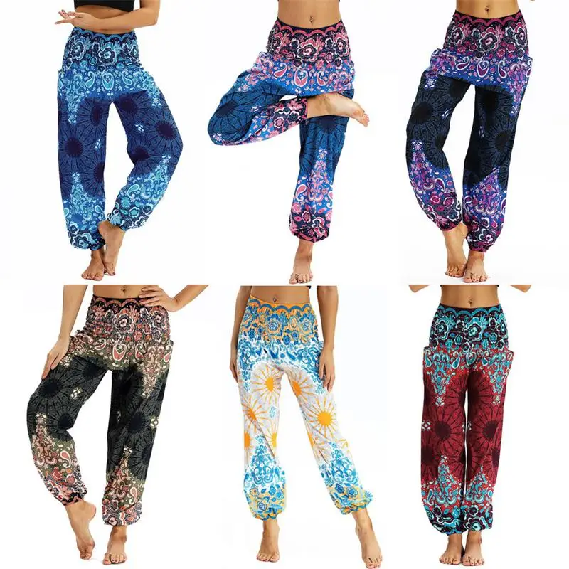 

6 Color EU Size Blue Flower Ethnic Straight Leggings Lounge Pant Bloomers Indian Thailand High Elastic Waistband Loose Pants