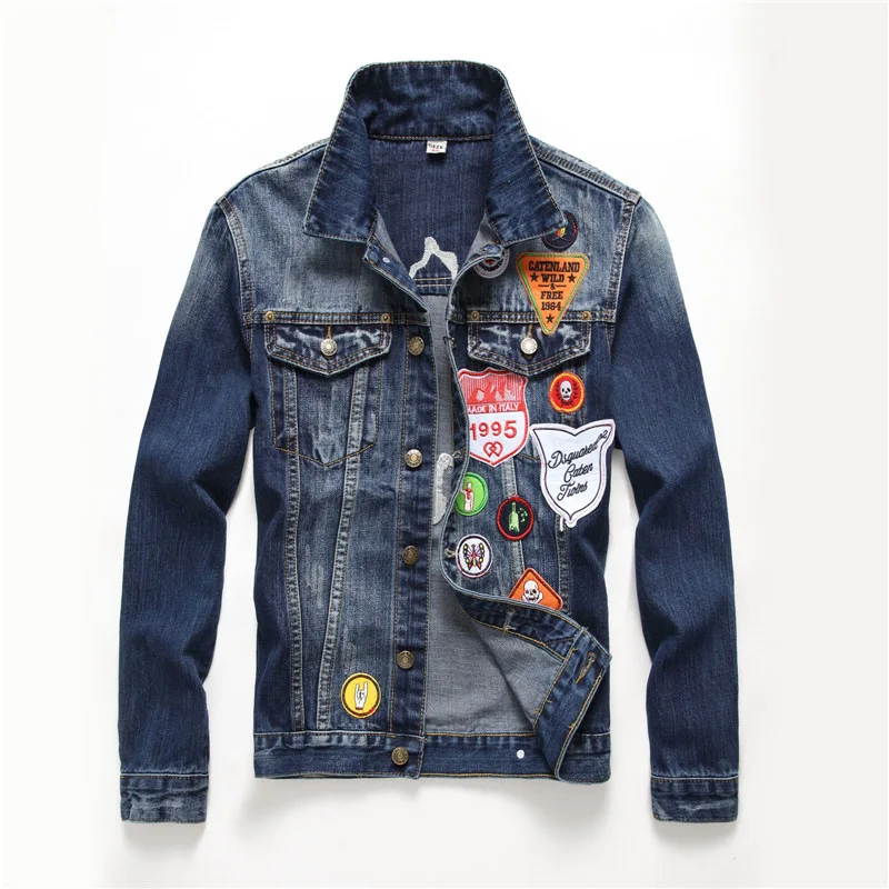 New fashion high quality trendy denim jacket man spliced badges embroidery skulls slim jean