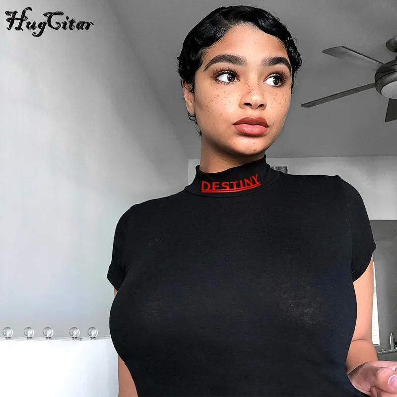 Hugcitar cotton letters print high neck crop tops t shirts 2018 summer women fashion casual T-shirts