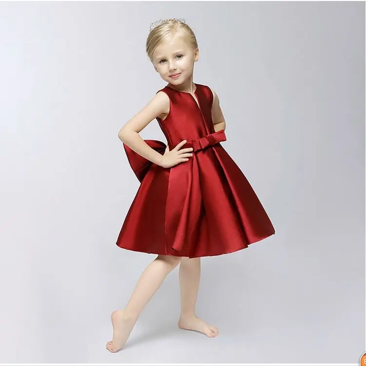 Новая коллекция, уникальное маленькое атласное платье принцессы с цветочным узором и бантом с v-образным вырезом для девочек, платье для выступлений, вечерние платья для девочек, 925 - Цвет: Burgundy