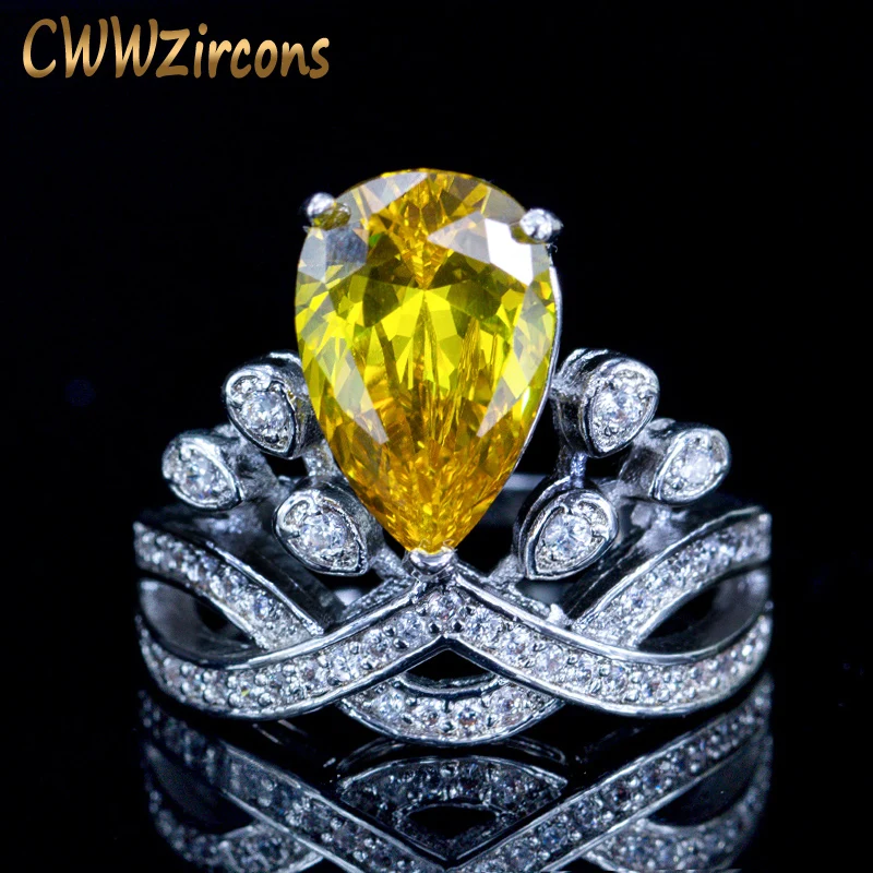 CWWZircons Luxurious Cubic Zirconia Wedding Engagement Party Jewelry Crown Shape Big Yellow Stone Rings For Women R005