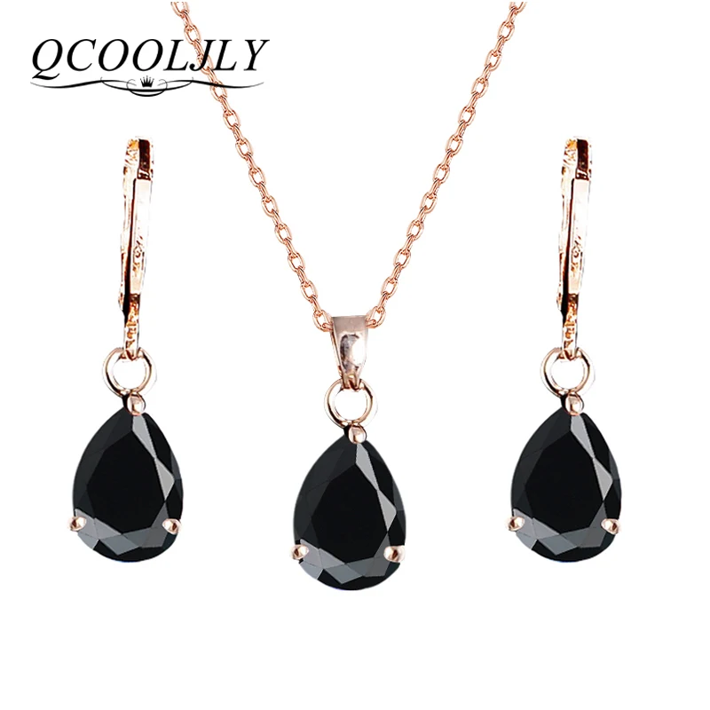 

QCOOLJLY New Arrival Fashion Gold Color Jewelry Set Zircon Crystal Waterdrop Pendant Necklace Earrings Set For Women Accessories