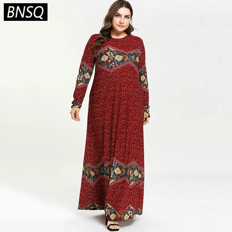

BNSQ Women Vintage Maxi Long Dress Floral Print Loose Red Female Maxi Dress Casual O Neck Long Sleeve Ladies Costume Spring 2019