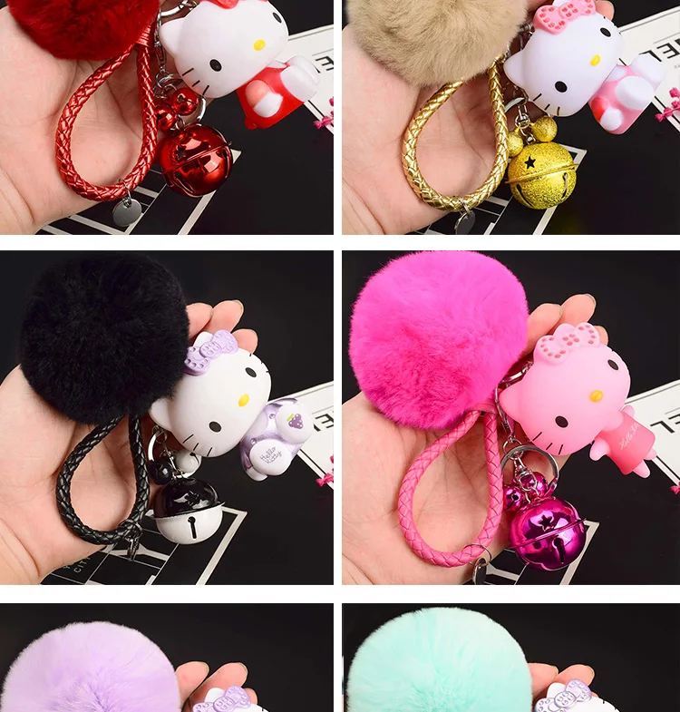 Милый мультфильм hello kitty Кролик Мех Шар помпон подвески-Помпоны ремешок для женщин металлические брелки-цепочки автомобиля сумка Шарм D151