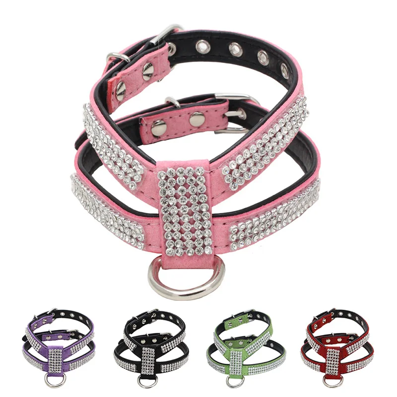 

Bling Rhinestone Pet Puppy Dog Harness Velvet & Leather Leash For Small Dog Puppy Cat Chihuahua Pink Collar Pet Products