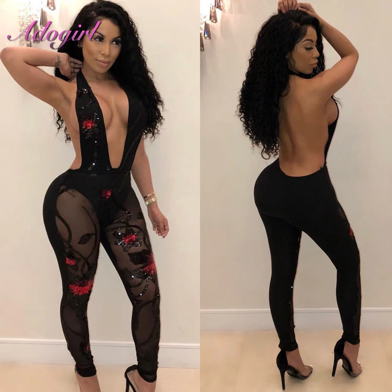 Backless Sequined Sheer Mesh Jumpsuit Women Deep V-neck Bodycon Bodysuits Club Costumes Overalls Jumpsuits and Playsuits