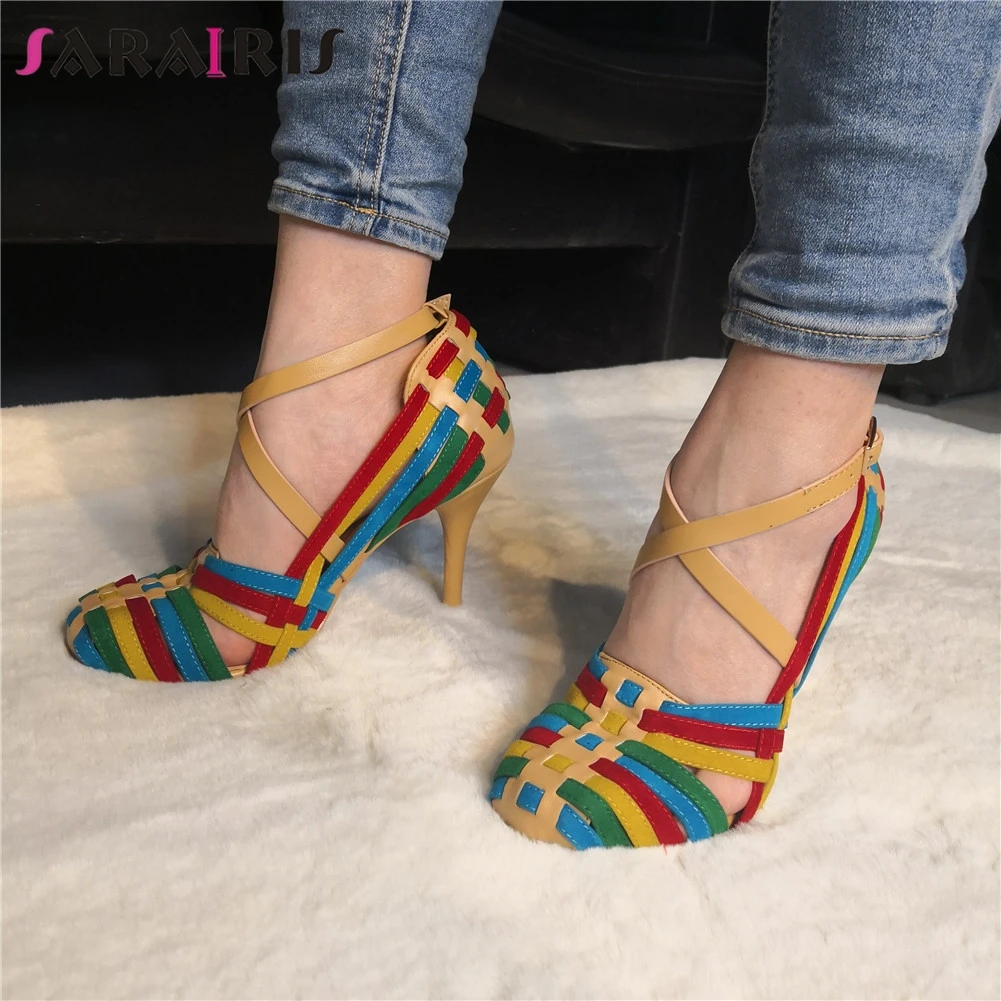 

SARAIRIS Brand Design Colorful Weaving Big Size 35-47 Sexy Party Women Shoes Summer Thin High Heels Shoes Woman Pumps Sandals