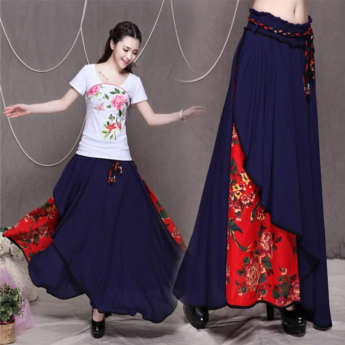 Autumn skirt linen women's vintage chinese style ruffle tube top skirt long maxi skirt floral