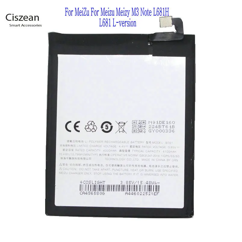 

Ciszean 1x 4100mAh BT61 ( L edition ) Replacement Battery For Meizy M3 Note L681H L681 L-version Version L