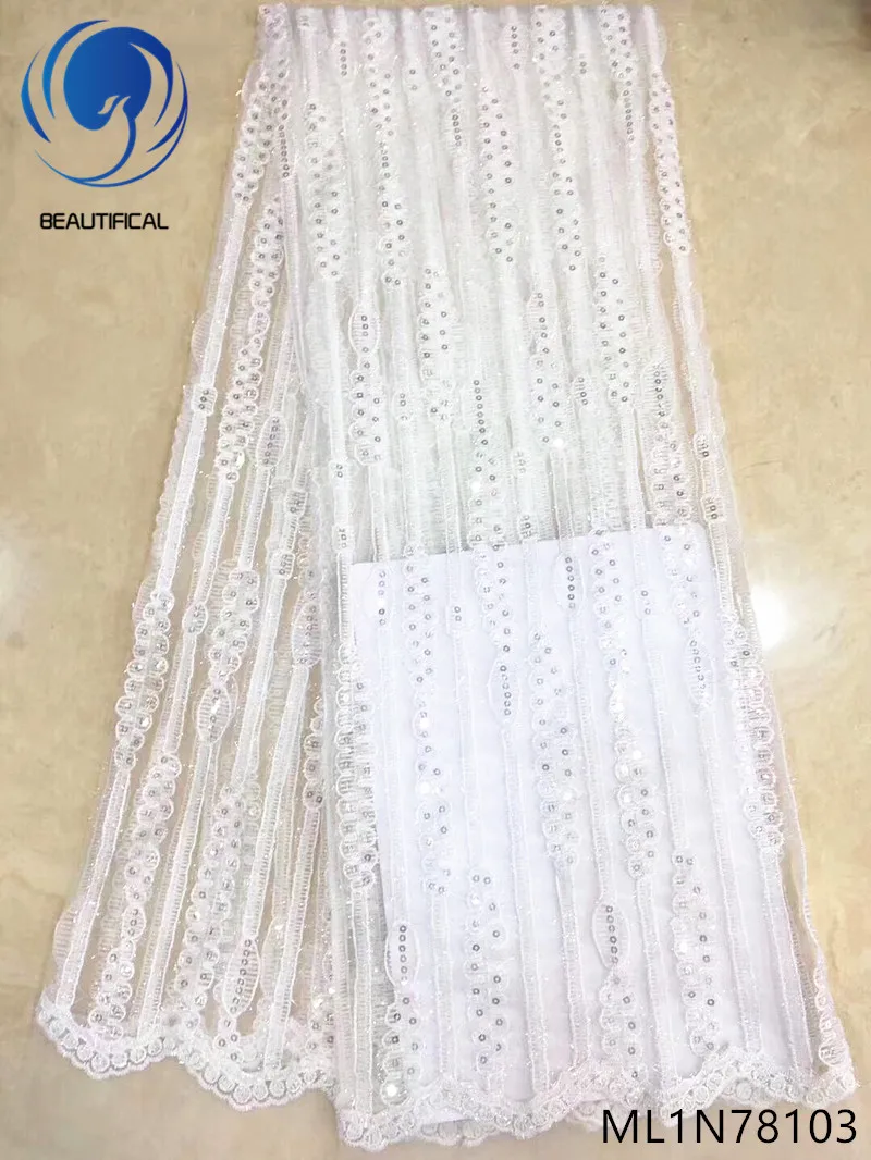 

Beautifical white lace fabrics french glitter sequin lace fabric nigerian french net lace fabric for wedding hot sales ML1N781