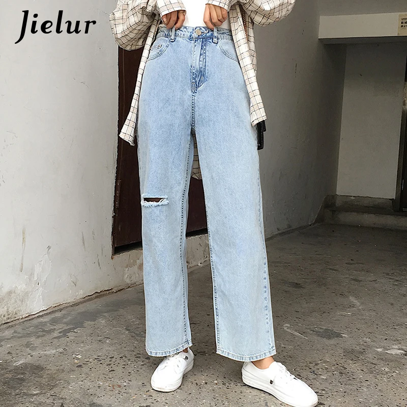 

Jielur High Waist Jeans Denim Trousers Lady Holes Hipster Basic Harajuku Light Blue Women Jeans Solid Color Jeans Mujer New