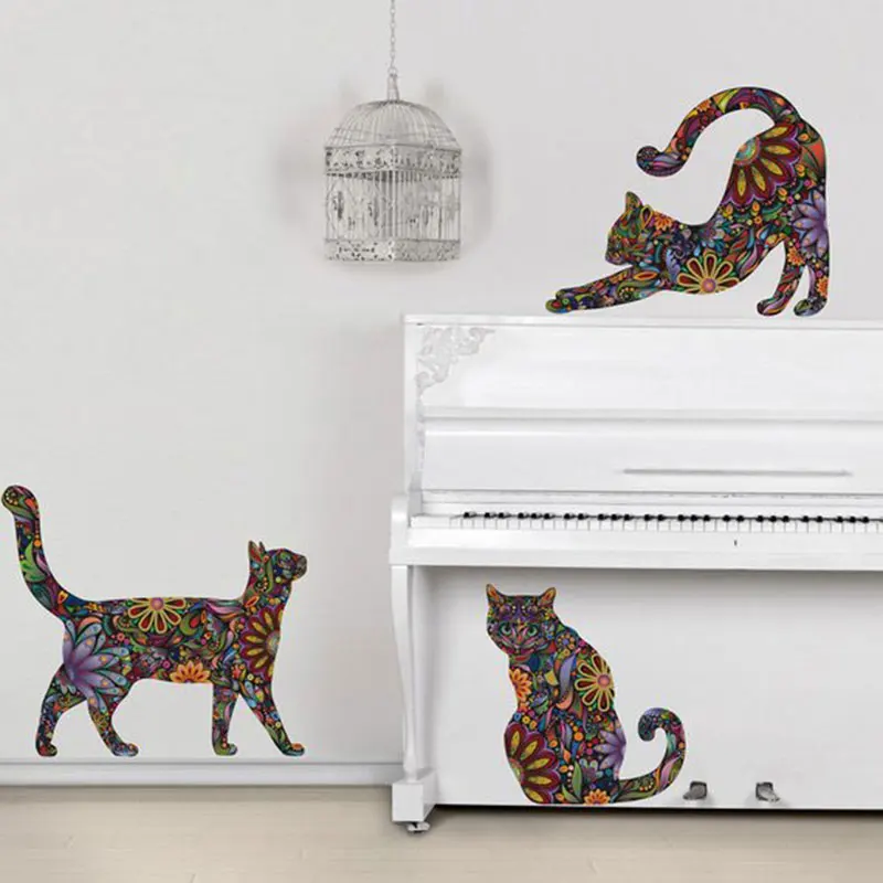 1lot/3pcs Colorful Flower Pattern Cat Wall Stickers Abstract Design Decorative Decal Sticker For Living Room 35x28cm | Дом и сад