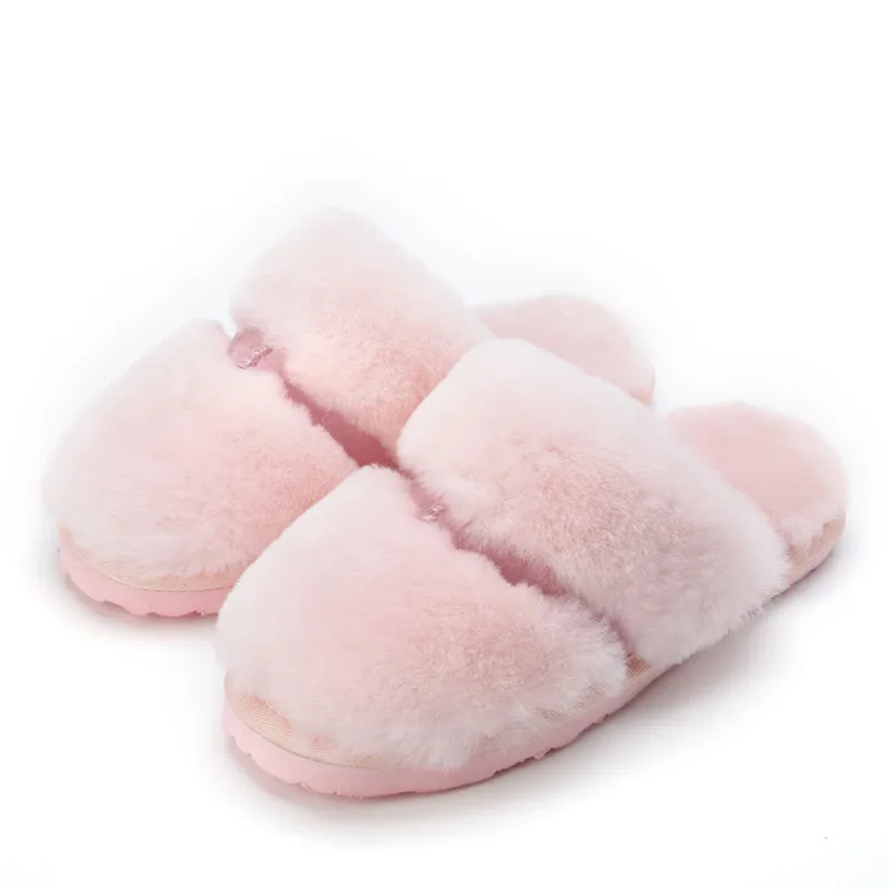 G& Zaco/Роскошные осенне-зимние тапочки из натуральной шерсти; женские тапочки на плоской подошве с овечьим мехом; модные теплые женские Тапочки - Цвет: Розовый