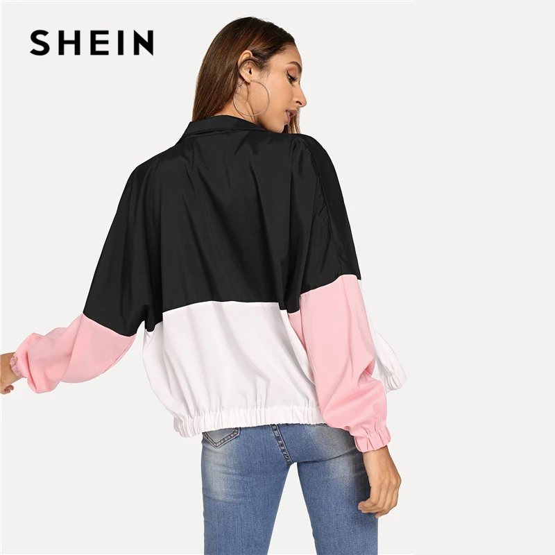 discounted  SHEIN Multicolor Elastic Hem Color Block Windbreaker Jacket Women Summer Autumn Long Sleeve Sportin