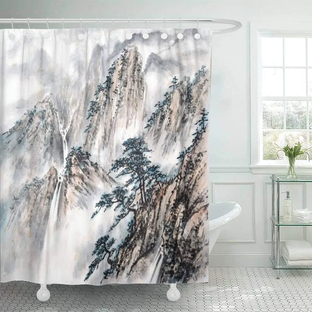 Shower Curtains Bathroom Curtain Pink Mountain Chinese Landscape