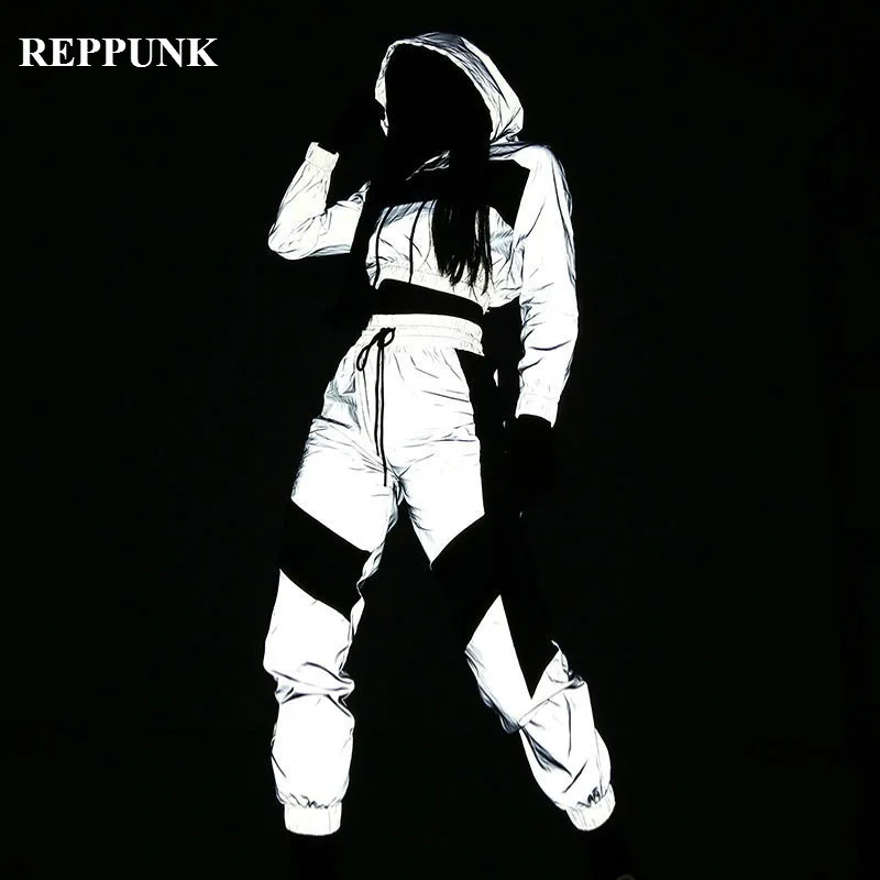 

REPPUNK 2019 New Arrival Women Reflective Two Pieces Sets Silver Pactwork Top Sweatshirts Elastic Drawstring Pants Tracksuits