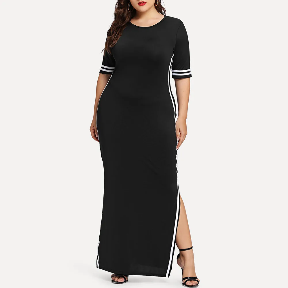 

Sexy Stripe Split Front Summer Floor Length Dress Plus size Long Maxi Dress Slim Elastic Bodycon Party Wear Dress Vestidos