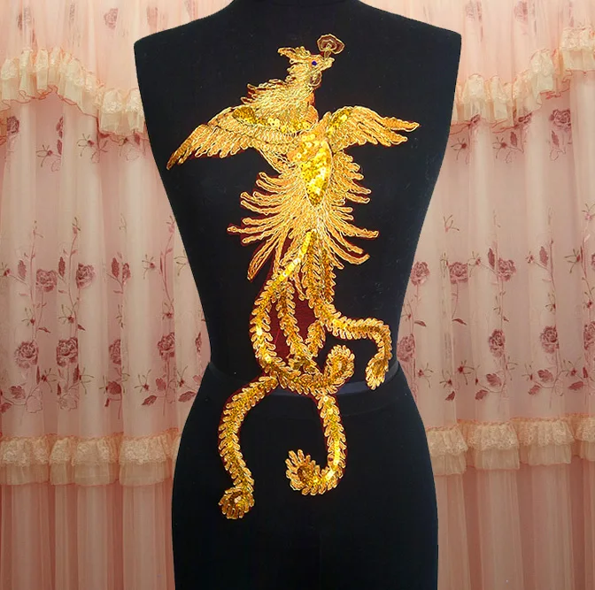 

25*46cm Super gorgeous Lace embroidery patches Golden sequins red Eugen yarn Phoenix patch for DIY dress Wedding dress