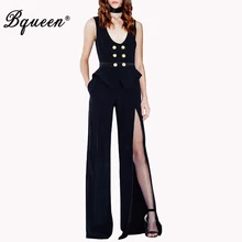 Bqueen черный комбинезон без рукавов с двубортной пуговицей длинные штаны раздельные брюки Широкие брюки комбинезоны