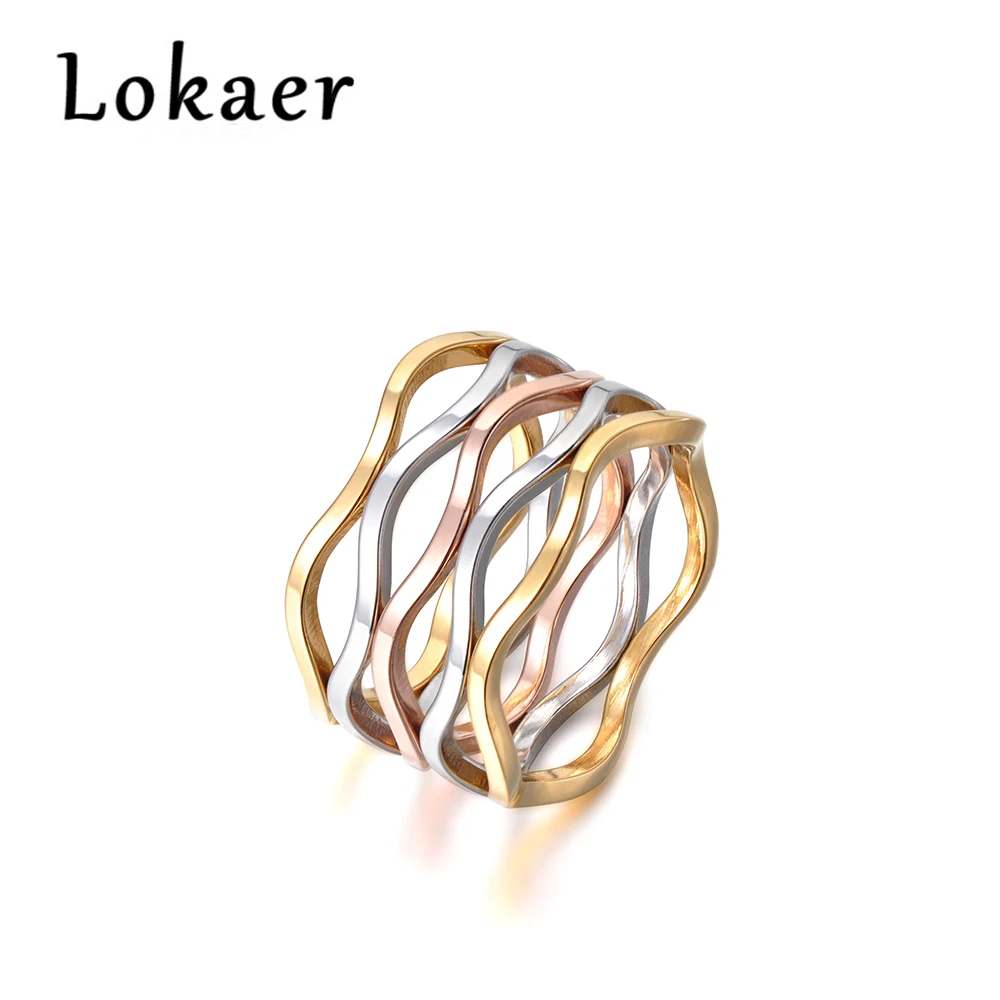 

Lokaer Delicate Jewelry Multicolor Wave Shape Multilayer Titanium Steel Engagement Wedding Ring For Women Bague Femme R17055