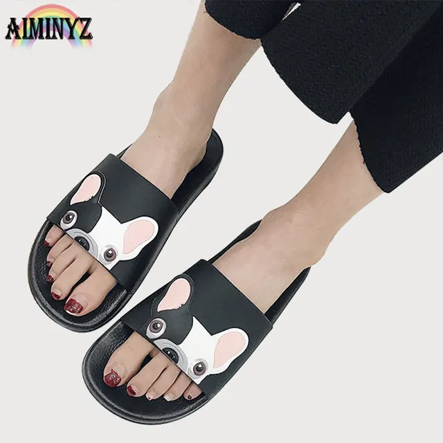 Fashion Animal Bulldog Slippers Summer Sandals Flip Flops Beach Women Cartoon Shoes Outside Cute Funny Bathroom Floor Home