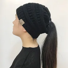 BONJEAN Women Winter Knitted Cap Casual CC labeling Beanies Hat High bun Ponytail 10 colors Hip-Hop Skullies Beanie turban hat