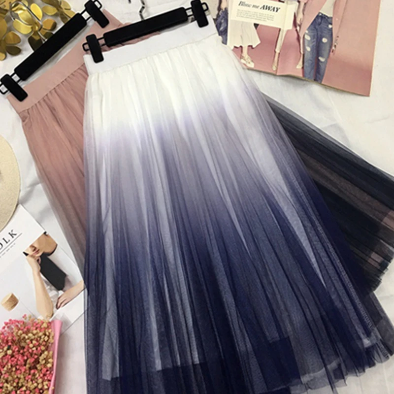 

JULY Long Tulle Skirt Women 2019 Spring Summer Gradient Korean Elegant High Waist A-line Pleated School Midi Skirt Female