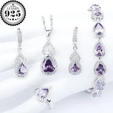 Новинка, фиолетовые циркониевые серебряные 925 Ювелирные наборы для костюма, браслеты, ожерелье и подвеска, кольца, висячие серьги с камнями, набор, подарочная коробка