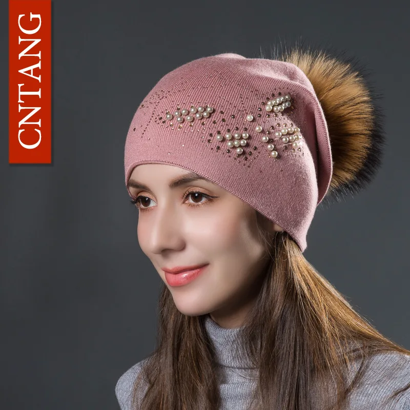 CNTANG Модные женские шапки с жемчужинами и бабочками, вязаные шерстяные вязаные шапки для осенне-зимнего сезона, теплые шапки с натуральным мехом, женские шапки с помпонами - Цвет: Pink