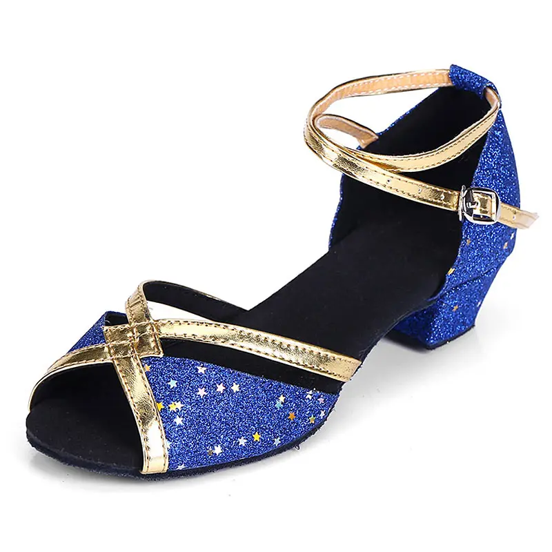 Kids Latin Dance Shoes Women Ballroom Tango Latin Salsa Dancing Shoes Children's Girl's Silver Gold Sequin Low Heels Dance Shoes