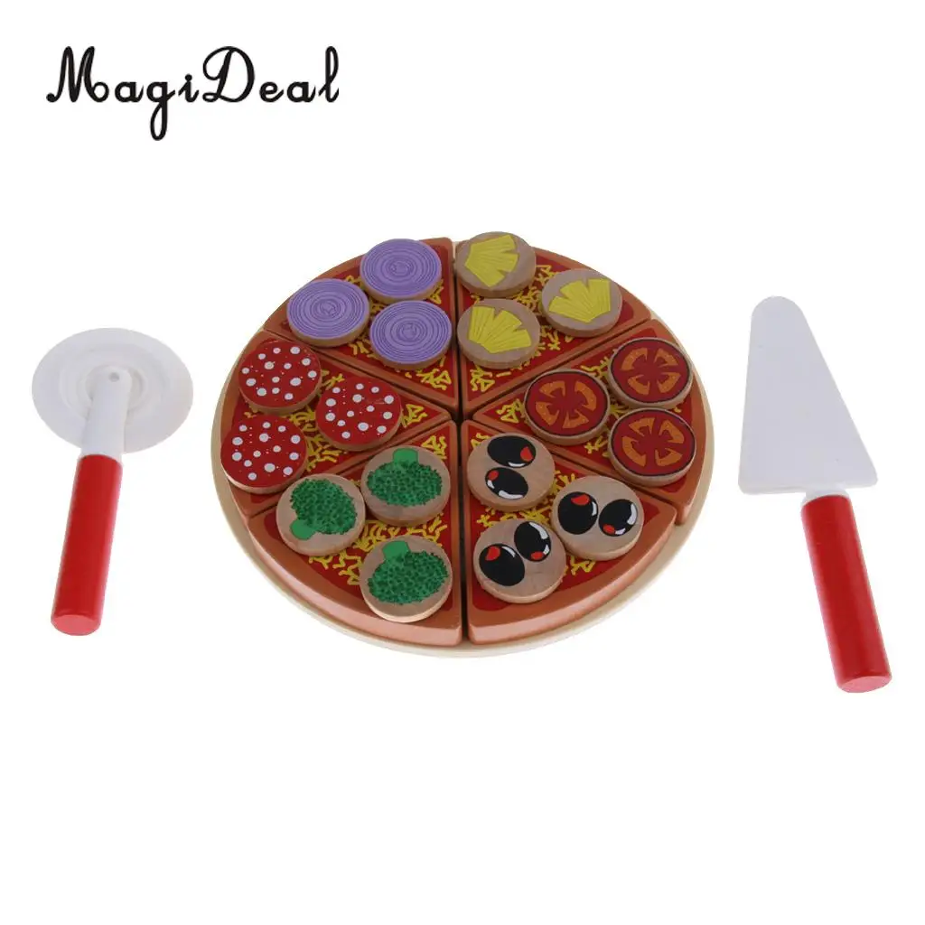 Simumaltion Wooden Sticky Pizza Kitchen Food Cutting Play Kids Pretend Role Play Kitchen Toy Early Learning